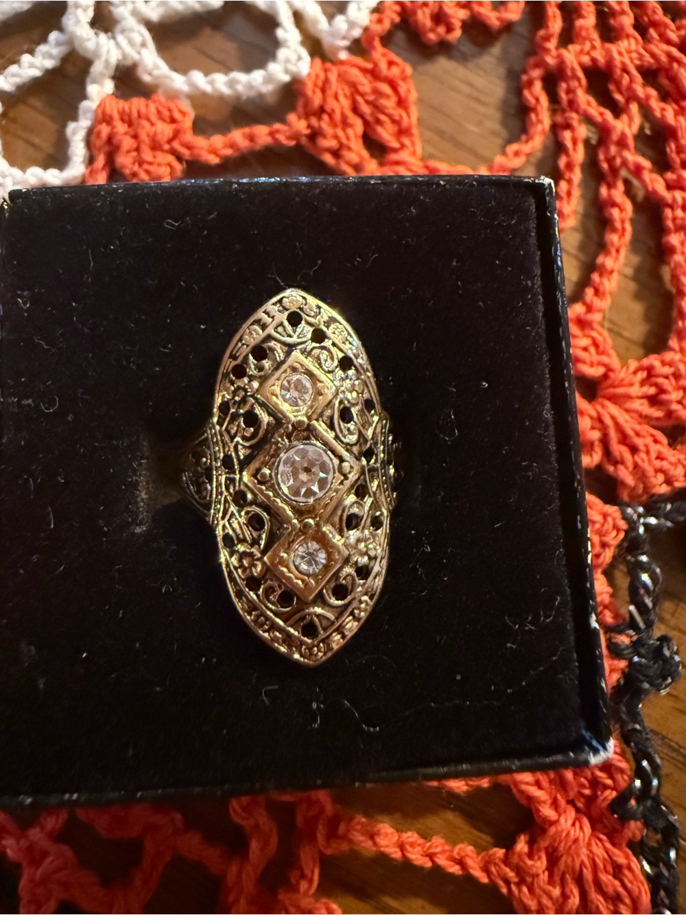 Vintage SETA Rhinestone Filigree Statement Ring Size 7 Gold Tone Made in USA